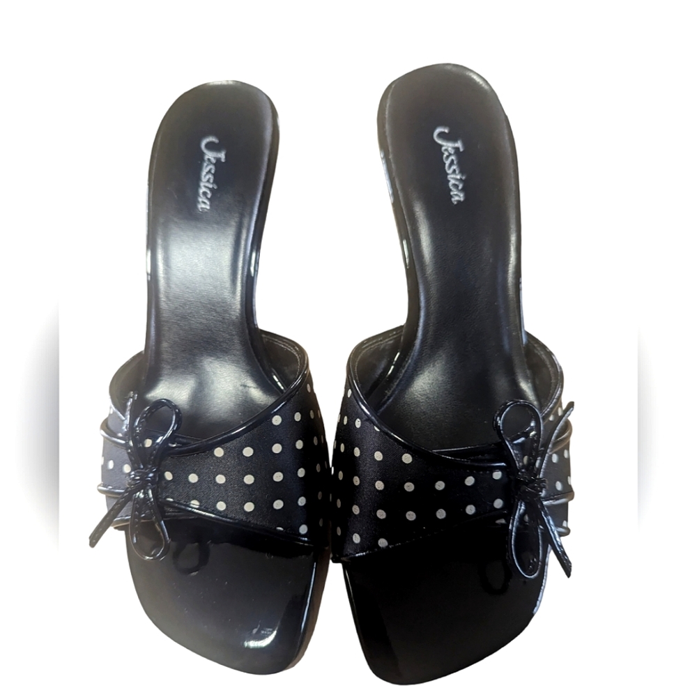 Women's black and white polkadot sandals. Size 8 Never worn. 2.5" flare heels